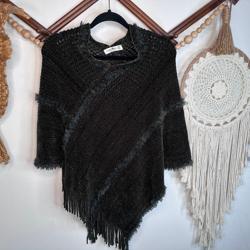 Natural Life Gray Blue Chenille Poncho Sweater